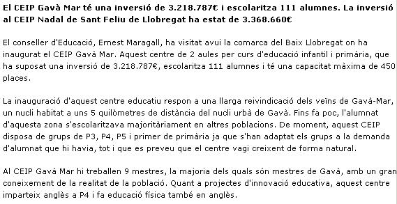 Informació sobre la nova Escola Gavà Mar publicada a la web del Departament d'Educació